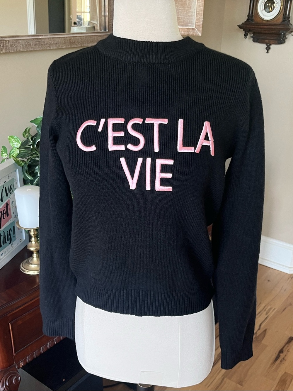 Avara Black Sweater with Pink "C'EST LA VIE" Embroidery New